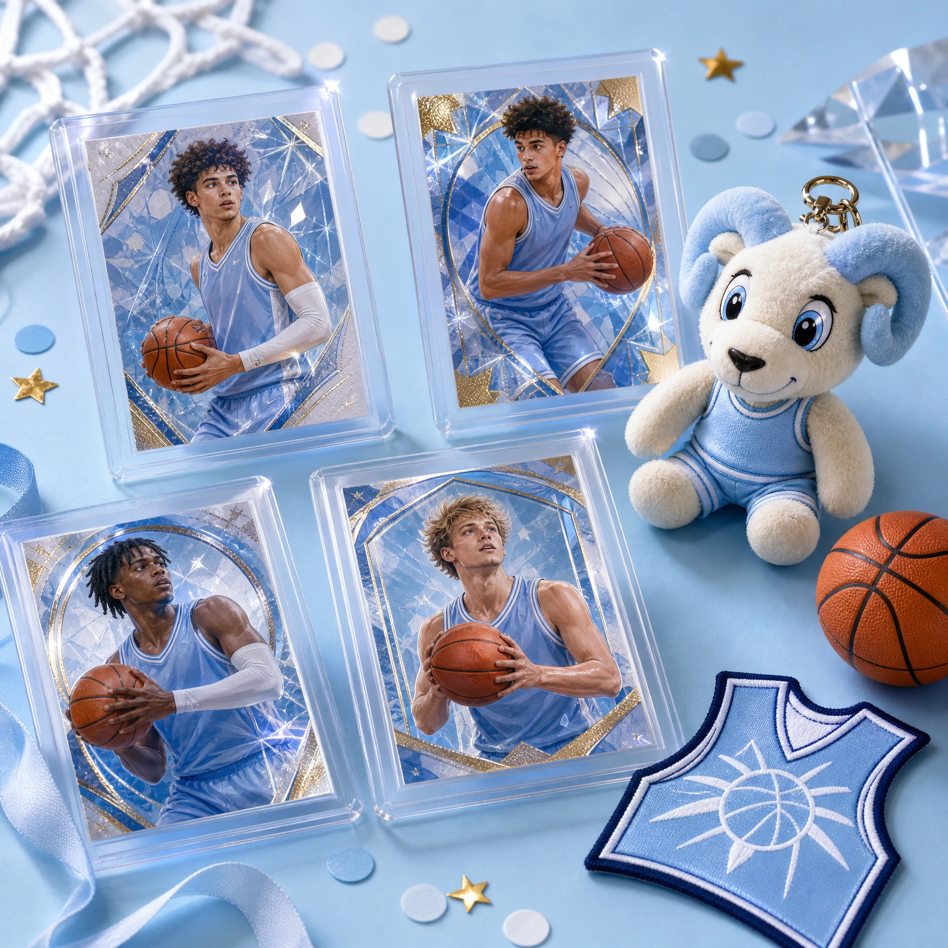 Original basketball collectible cards and a sky-blue ram mascot charm