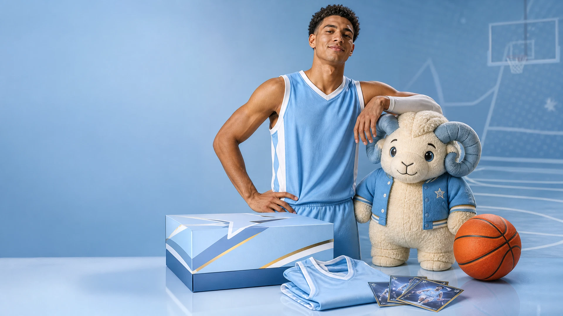 Original bright basketball fan merchandise with a fictional player, ram mascot, jersey, ball and premium packaging