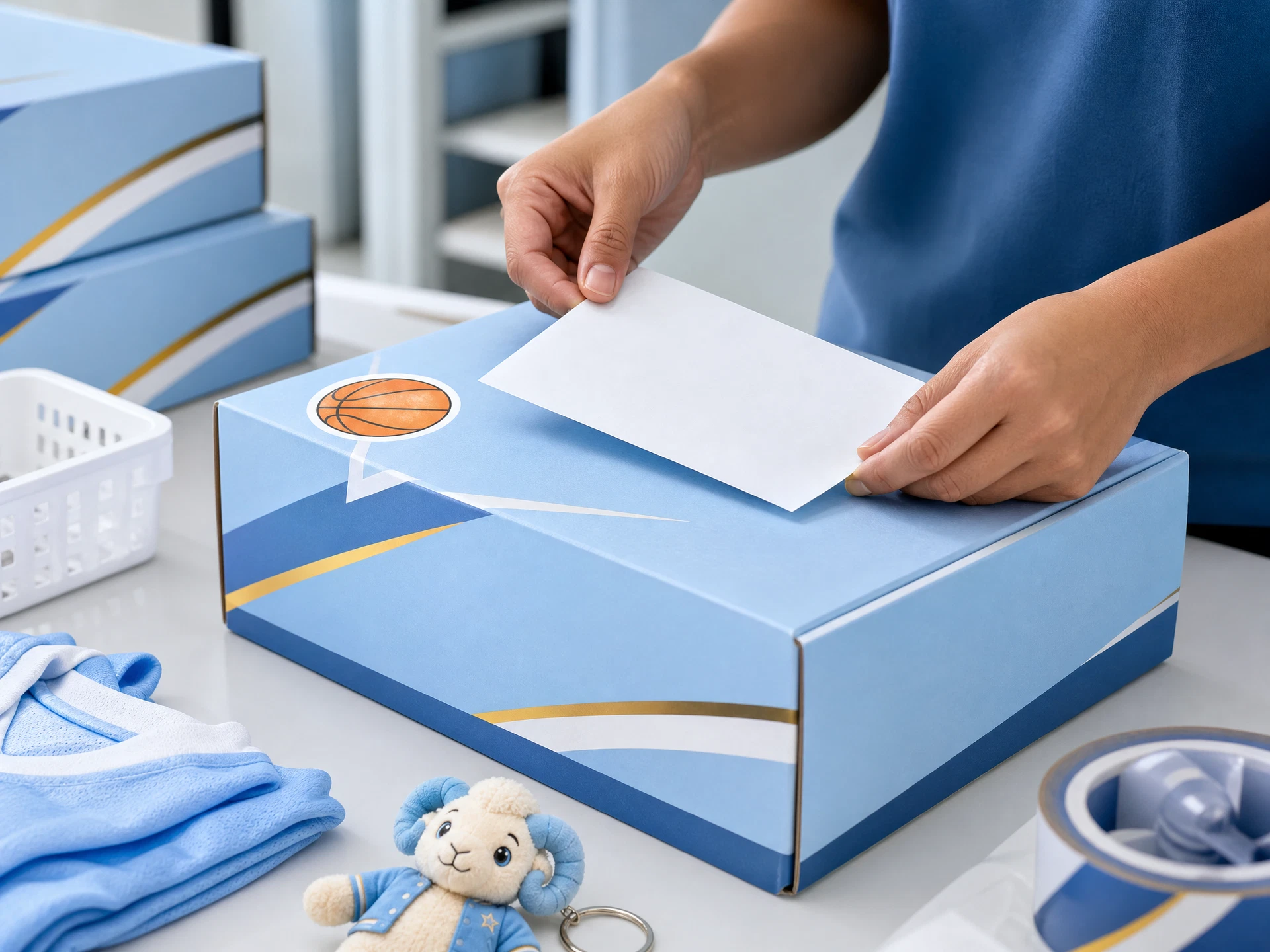 A shipping label being applied to a basketball merchandise package