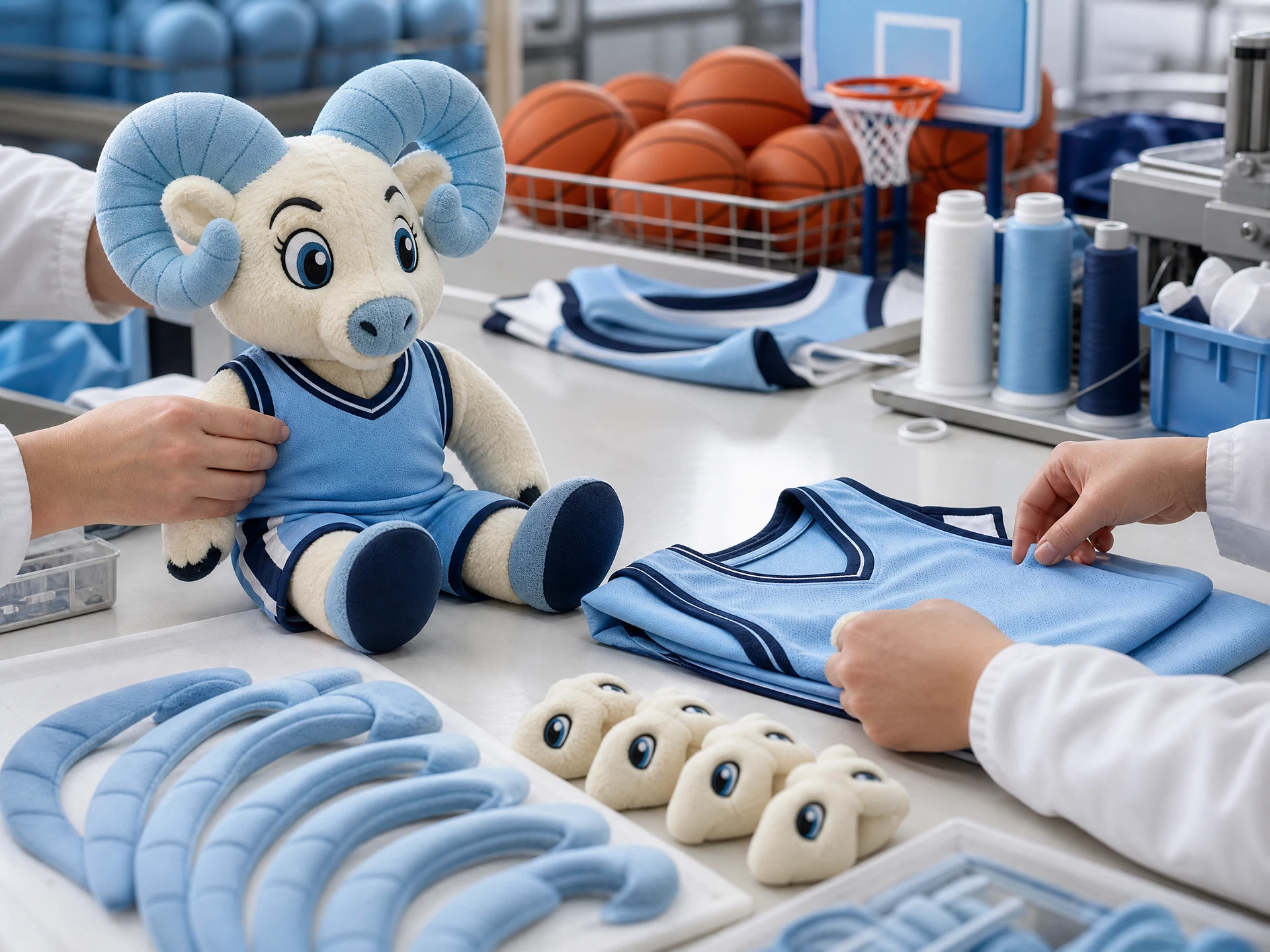 Workers making original basketball fan merchandise