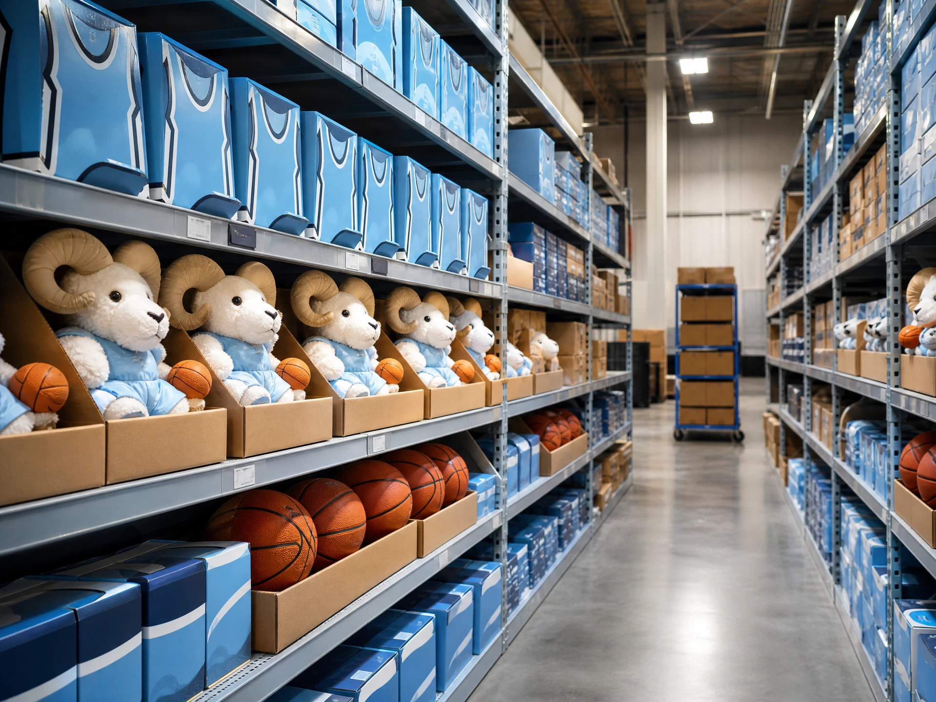 Clean warehouse shelves storing basketball fan merchandise